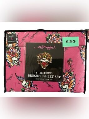 Ed Hardy Skull Butterflies & Roses Print 6pc Pink King Sheet Set w/4 Pillowcases